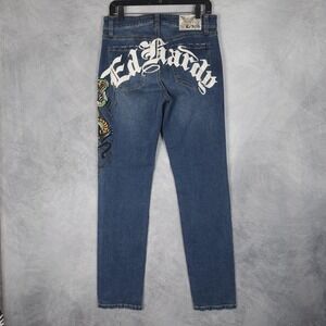 Ed Hardy Jeans Mens 30x30 Denim Slim Straight Embroidered Skull Snake Tattoo
